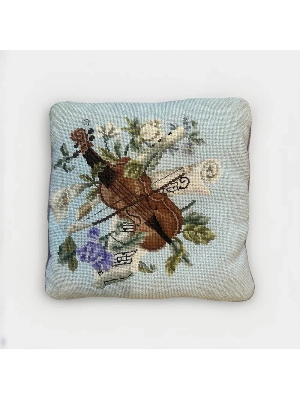 Vintage Needlepoint Pillow Violin Floral 15” X 15” Purple Velvet Cottagecore Fun
